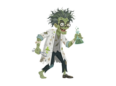 A cartoon illustration of a zombified mad scientist holding a beaker and a pair of scissors.