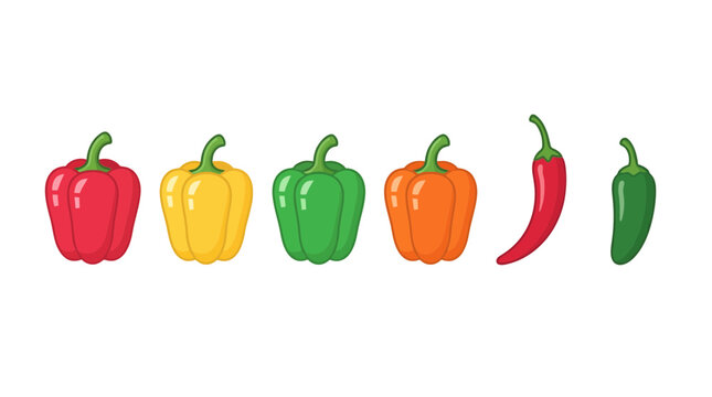 A collection of colorful bell peppers and chili peppers arranged in a row on a white background.