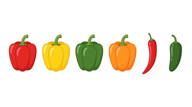 A collection of colorful bell peppers and hot chili peppers isolated on white.