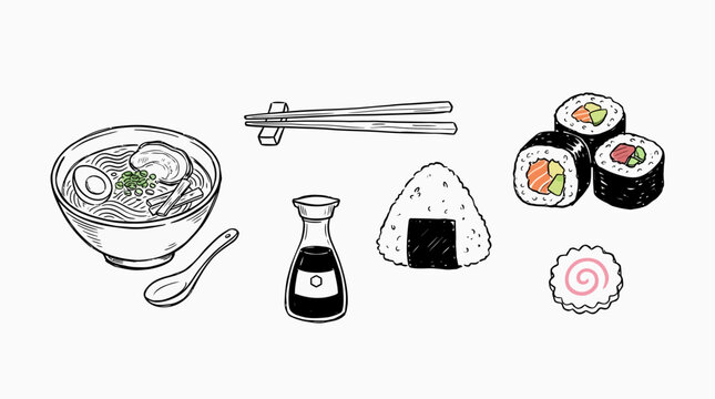 A delightful hand drawn illustration showcases traditional japanese cuisine featuring ramen noodles sushi onigiri chopsticks and a bottle of soy sauce