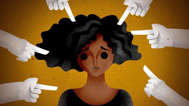 black woman being discriminated against by pointing white hands