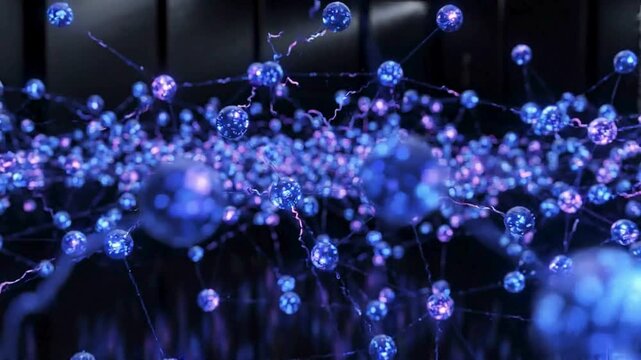 Abstract network of glowing blue spheres connected by thin lines in a dark room