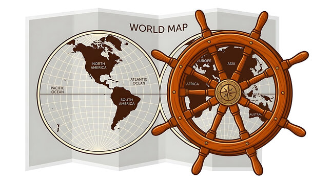 Vintage nautical world map with wooden ship wheel, antique maritime navigation chart, global travel and exploration concept