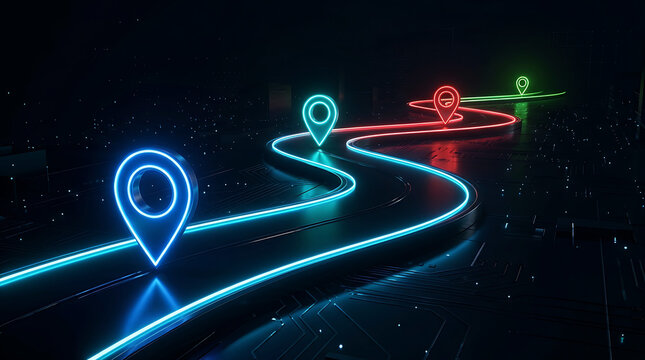 Neon Navigation Path with Glowing Markers Representing Digital Travel