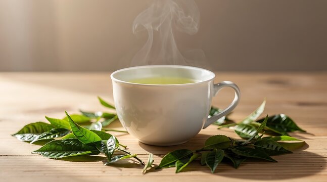 Hot green tea in white cup with rising steam and fresh tea leaves on wooden table in morning sunlight