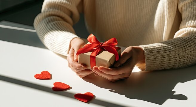 Hands hold a festive gift box adorned with a bright red ribbon