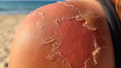 Fototapeta premium Sunburnt shoulder with peeling skin close-up