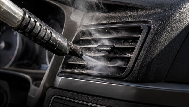 Steam cleaning car air vent with professional nozzle