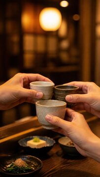 Friends toasting with sake cups in a Japanese izakaya
