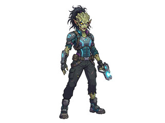 Fototapeta premium A stylized alien soldier character holding a futuristic energy weapon.