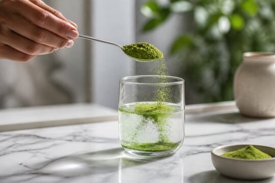 Hand scooping green matcha powder into a glass of water