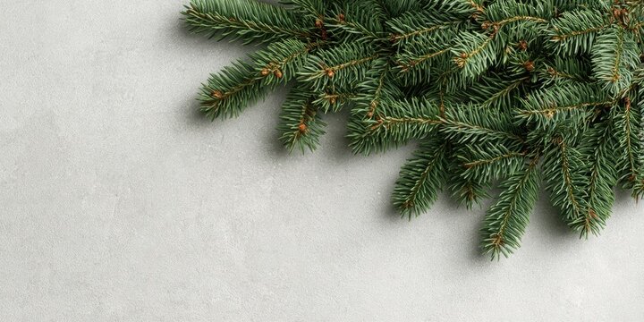 Evergreen branches with delicate needles drape across a textured, light gray background