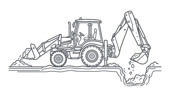 Outline illustration of a backhoe loader digging a trench