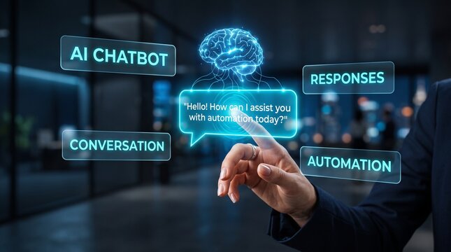 A business professional interacting with a futuristic holgraphic interface displaying artificial intelligence chatbot concepts and digital brain data