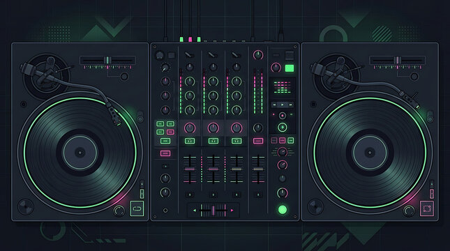 Professional DJ mixing board and turntables with glowing neon lights for music performance