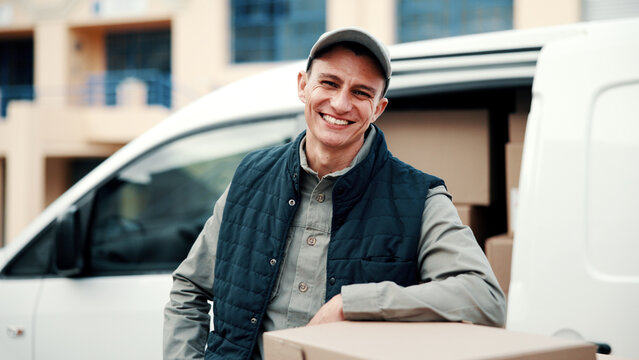 Portrait, driver and delivery man by van with box, shipping distribution and pride for supply chain. Happy, person outdoor and courier service with vehicle, ecommerce package and transport logistics.
