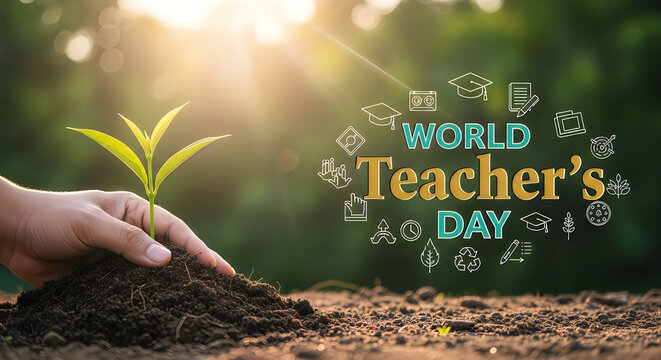 Hand holding seedling with world teachers day concept and education icons on chalkboard background