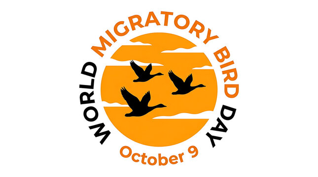 World Migratory Bird Day logo with flying geese silhouettes. October 9 wildlife conservation emblem. Orange sunset bird migration graphic.