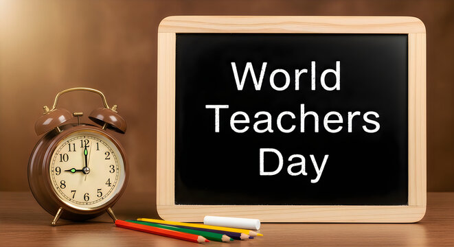 World Teachers Day concept with chalkboard alarm clock and colored pencils on wooden surface