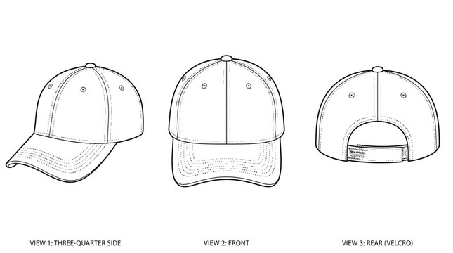 Plain baseball cap vector illustration, multiple views for fashion design and apparel mockups.