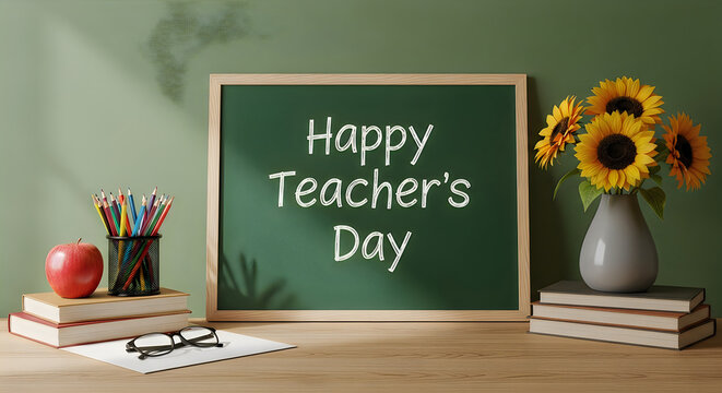 Happy Teachers Day message on a chalkboard with sunflowers and school supplies