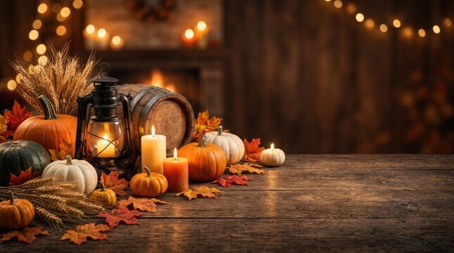 Cozy autumn harvest decor with pumpkins candles and rustic lantern on wooden table