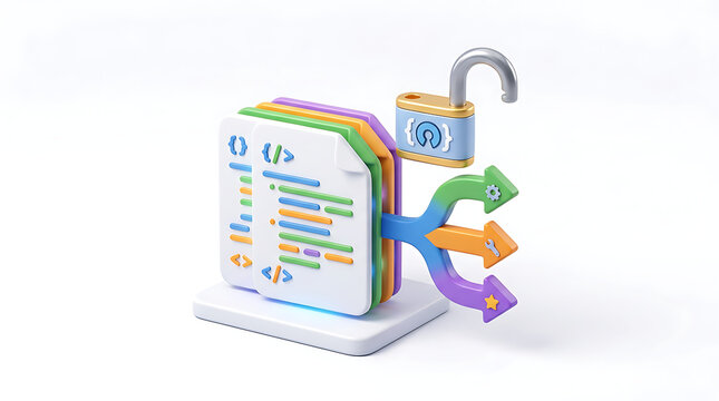 An illustration depicting code branching out from a stack of documents, with an unlocked padlock symbolizing open access and security.