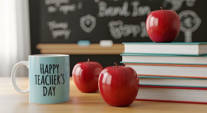 Apples books and a happy teacher mug on a wooden desk with a chalkboard background