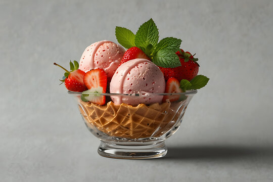 Strawberry ice cream scoops served in waffle basket with fresh berries and green mint leaves isolated on gray background elegant dessert.