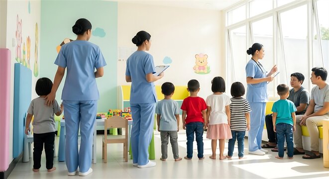 Group of nurses leading line of young children in bright colorful preschool hospital daycare center