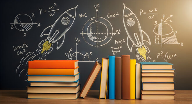 Physics concepts and rocket science sketches with books on a wooden surface