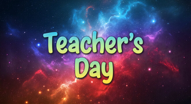 Teachers Day text illustration over a vibrant cosmic nebula background with stars and colorful space dust