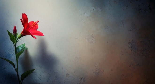 Close up of a vibrant red hibiscus flower on a stem with a blurred background