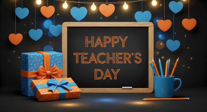 Happy Teachers Day message on a chalkboard with hearts gifts and school supplies