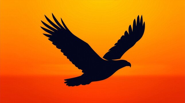 Majestic Black Eagle Silhouette Flying Against Vibrant Golden Orange Sunset Sky