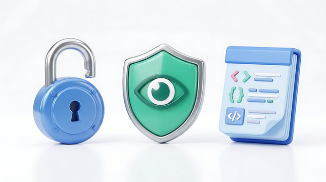 3D rendered icons representing digital security, privacy, and software development on a white background.