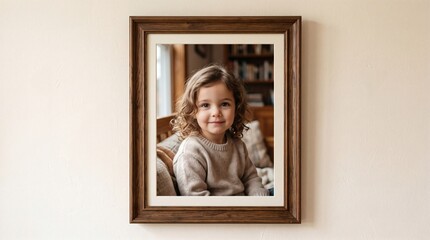 Fototapeta premium Adorable young child with curly hair smiles warmly from a framed portrait hanging on a textured wall
