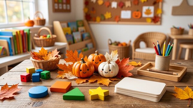 Halloween Preschool Learning Scene with Friendly Pumpkins, Autumn Leaves, Geometric Shapes and Blank Educational Cards