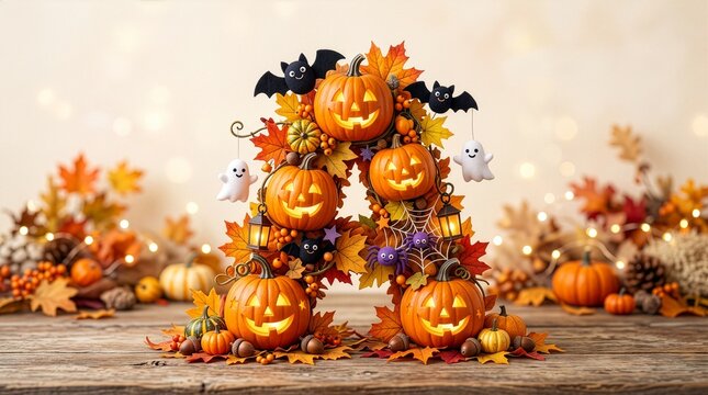 Halloween Alphabet Letter A Made from Carved Pumpkins with Friendly Bats, Ghosts, Leaves and Lanterns, Preschool Educational Concept