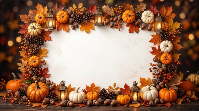 Autumn Decorative Border with Pumpkins, Maple Leaves, Rustic Wood and Seasonal Flowers, Festive Background with Copy Space