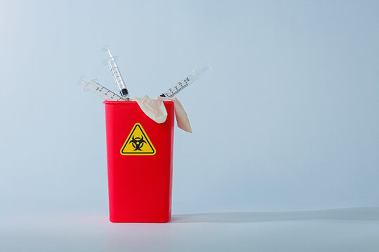 Biohazard container syringe medical healthcare waste management bin plastic glove serious safety risk hazardous object
