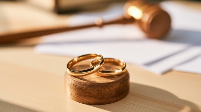 Two gold wedding rings resting on a wooden stand with a blurred judge's gavel and legal papers in the background.