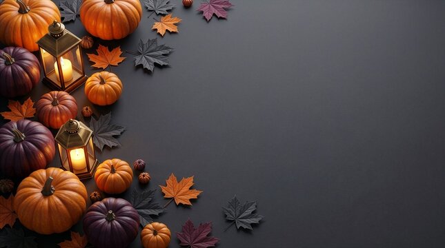 Premium Halloween Website Hero Banner with Autumn Pumpkins, Lanterns and Maple Leaves, Luxury Seasonal Ecommerce Background