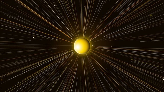 Golden sphere approaching with radiating light rays animation
