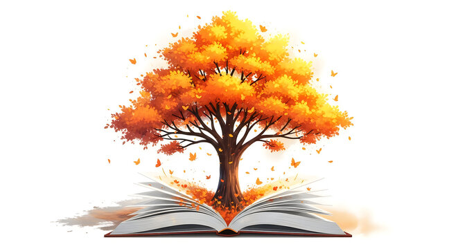 Autumn tree growing from an open book with falling leaves illustration