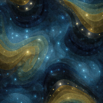 Abstract cosmic pattern blue and gold texture flowing wave star field dark background glowing light dreamy texture layered curve glitter effect seamless design