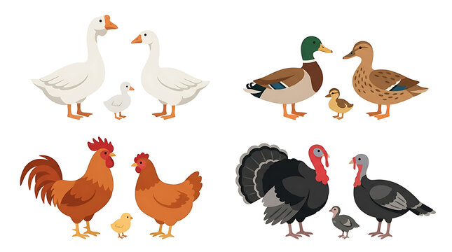 Farm poultry bird collection, domestic chicken duck goose and turkey family sets, flat livestock illustrations on white