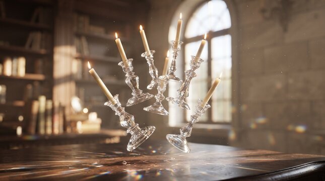Mystical floating glass candlesticks with lit candles, magical levitating crystal holders in a vintage library, dark academia aesthetic