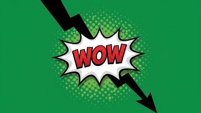 Comic book style WOW speech bubble with halftone pattern on a green background