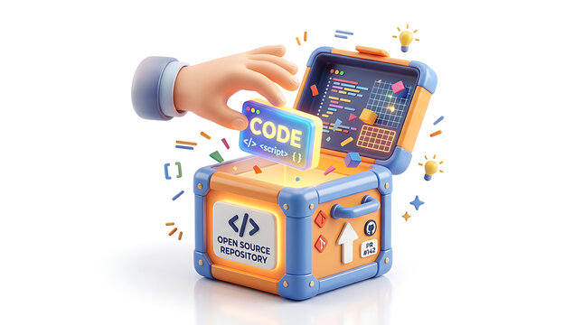 A cartoon hand places a 'CODE' tag into an open, colorful box labeled 'Open Source Repository' filled with code and glowing elements.